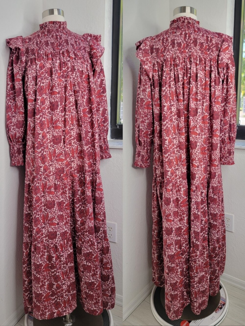 BINDU Ruffled Yoke Long Floral Maxi Dress in Dusty Rose S.